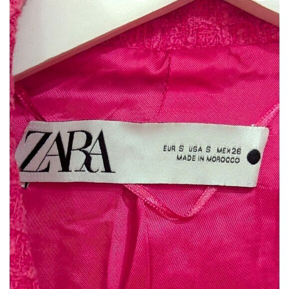 Zara Women's S Pink Fuchsia Tweed Textured Weave Blazer with Gold Buttons Accent - Picture 9 of 11